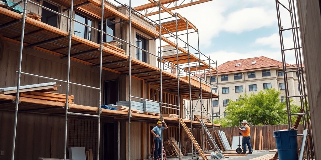 Bouwplaats met steigers en materialen voor herbouw.