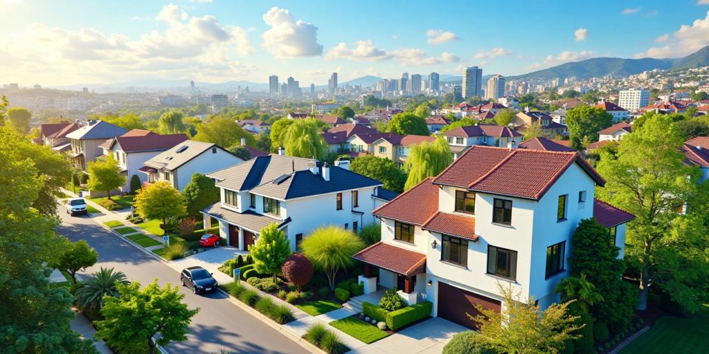 Moderne huizen in een levendige stadsomgeving met groen.